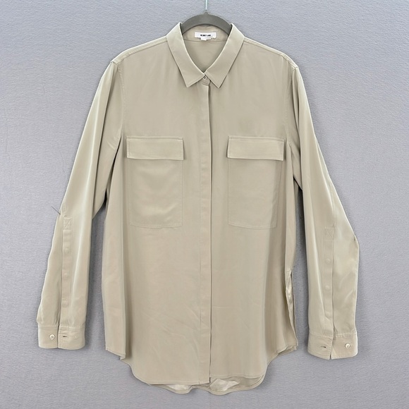 Helmut Lang - women’s Beige 100% silk button up shirt tunic top‎ flap pockets L - Picture 1 of 9